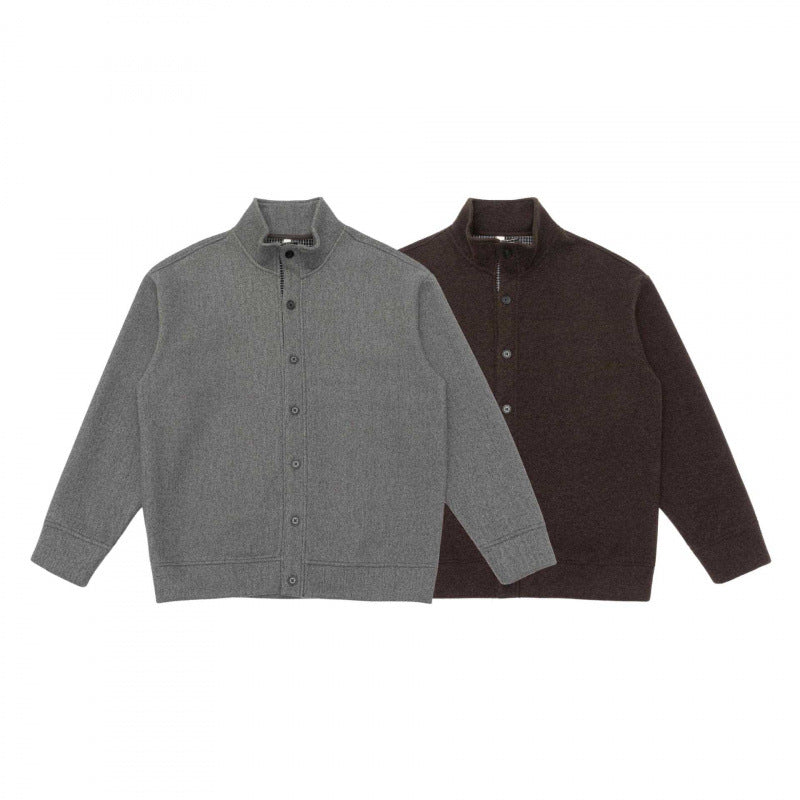Unisex Boxy Knit Cardigan with Stand-Up Collar and Full Button Placket Shop Velvia