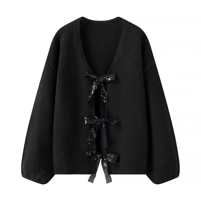 Women's Oversized Knit Cardigan with V-Neck and Sequin Bows Shop Velvia
