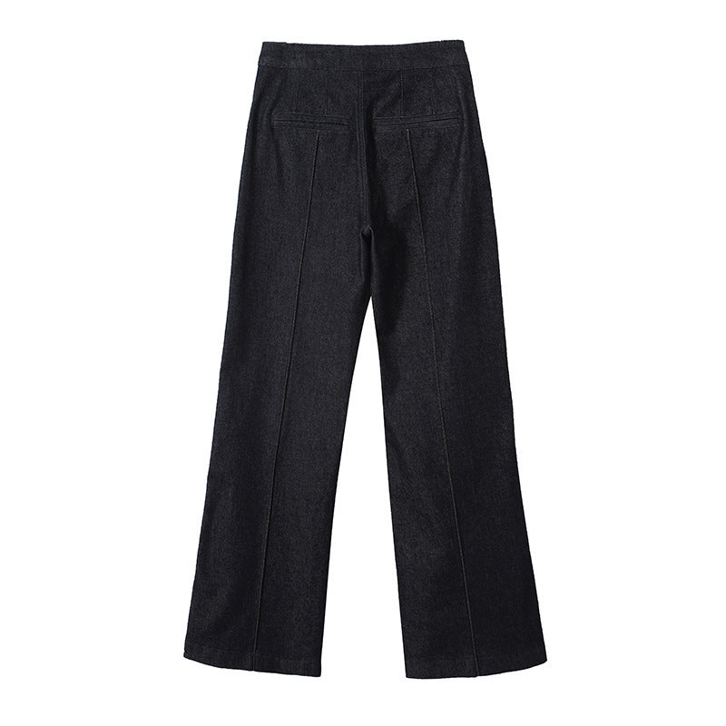 Women's High-Waist Wide Denim Trousers with Continuous Center Seam and Sewn-On Pockets Shop Velvia