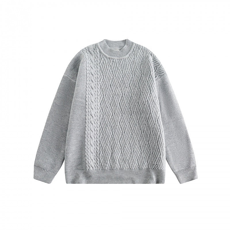 Unisex Oversize Knit Sweater with Asymmetrical Cable Pattern and Round Neckline Shop Velvia