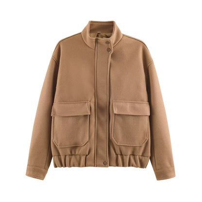Women's wool blend blouson jacket with stand-up collar, large flap pockets, and elastic hem Shop Velvia