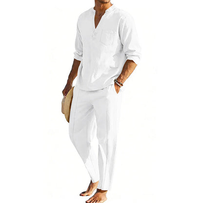 Men's comfortable linen two-piece with stand-up collar shirt and tapered ankle-length pants Shop Velvia