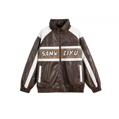 Unisex Retro-inspired Faux Leather Bomber Jacket with Stand-up Collar, Contrast Stripes and Letter Patch Shop Velvia