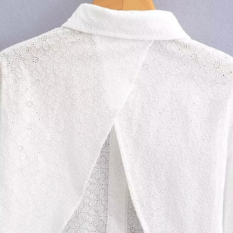 Women's Short-Cut Eyelet Embroidery Blouse with Shirt Collar and Long Ties Shop Velvia