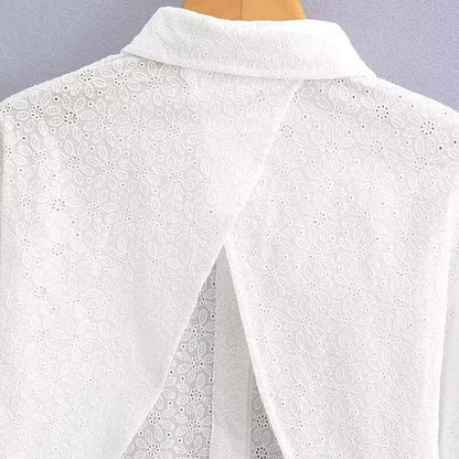 Women's Short-Cut Eyelet Embroidery Blouse with Shirt Collar and Long Ties Shop Velvia