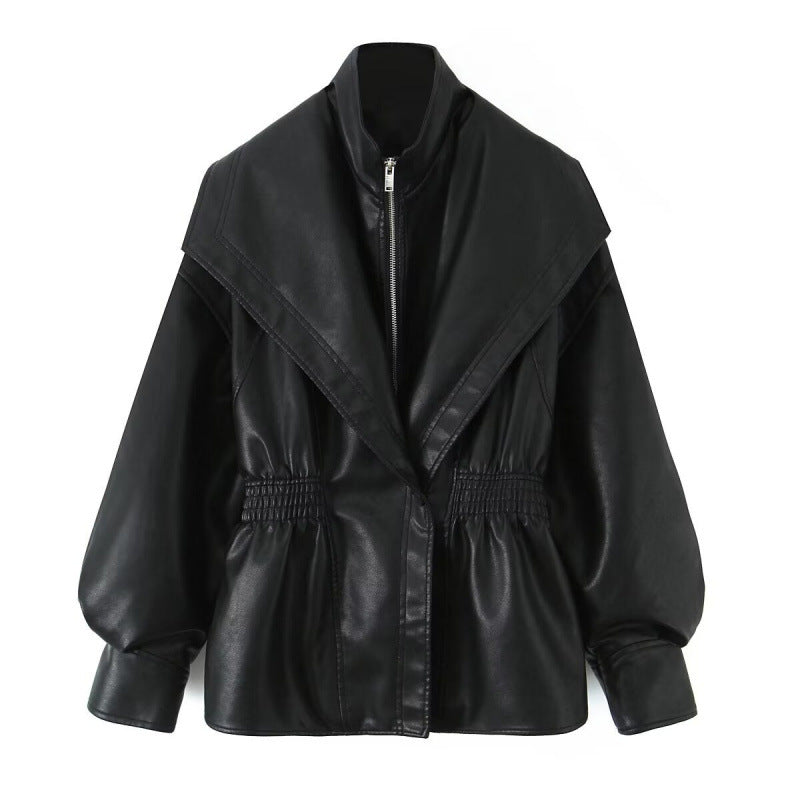 Women's Faux Leather Jacket with Wide Shawl Collar and Gathered Waistband Shop Velvia