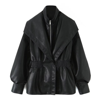 Women's Faux Leather Jacket with Wide Shawl Collar and Gathered Waistband Shop Velvia