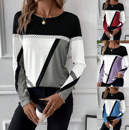 Women's Long Sleeve Shirt with Graphic Colorblock Design and Round Neck Shop Velvia