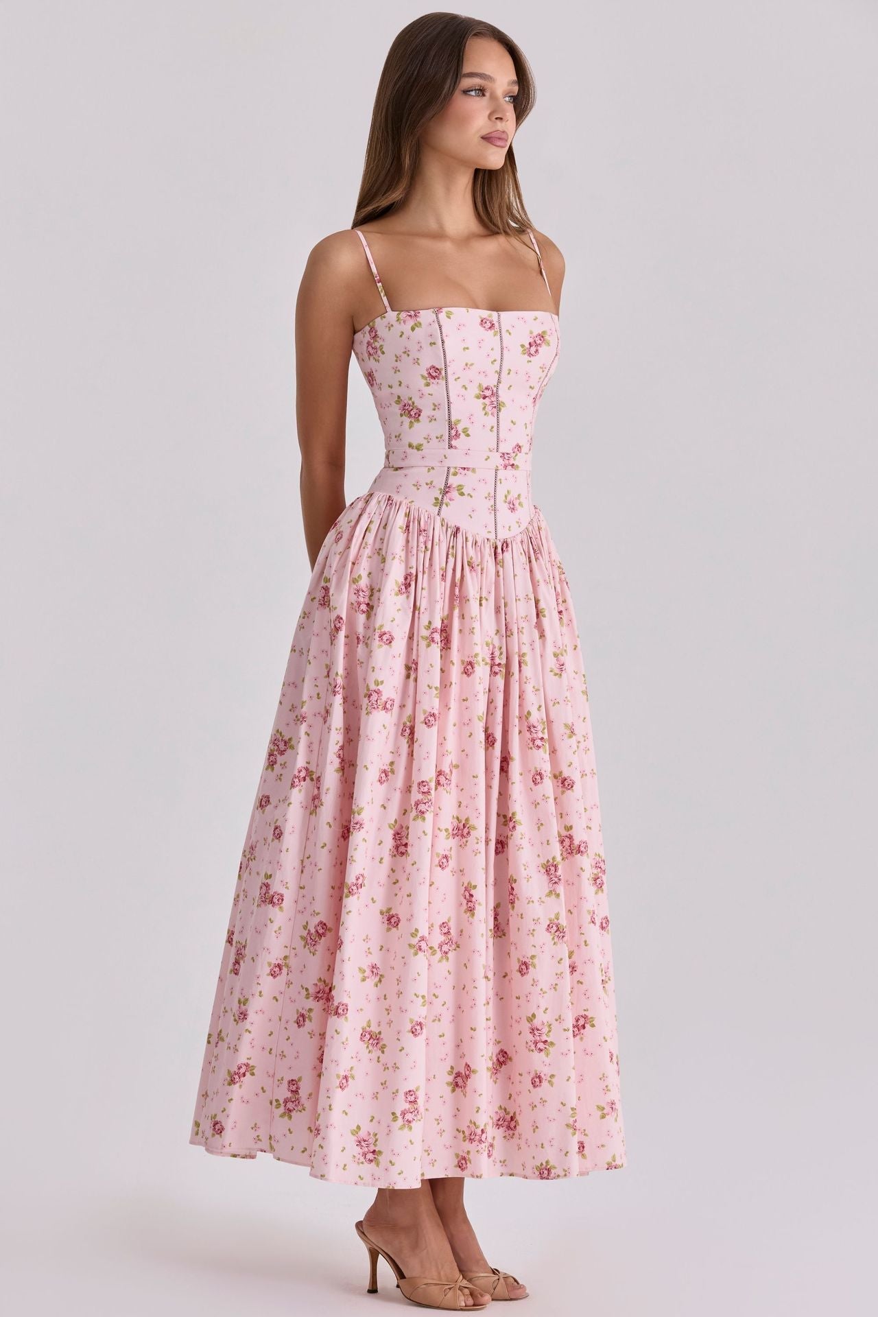 Women's fitted maxi dress with corset top and fine spaghetti straps