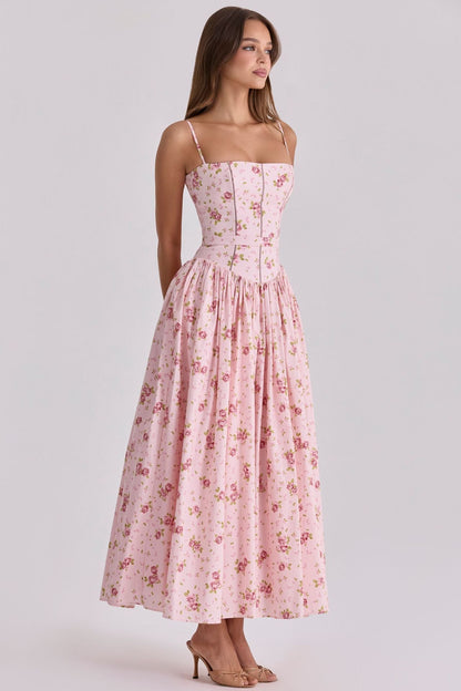 Women's fitted maxi dress with corset top and fine spaghetti straps