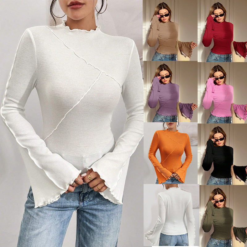 Ladies Fitted Ribbed Long Sleeve Shirt with Stand-up Collar and Ruffled Hem Shop Velvia