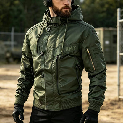 Men's Military-Inspired Hooded Bomber Jacket with Utility Pockets Shop Velvia
