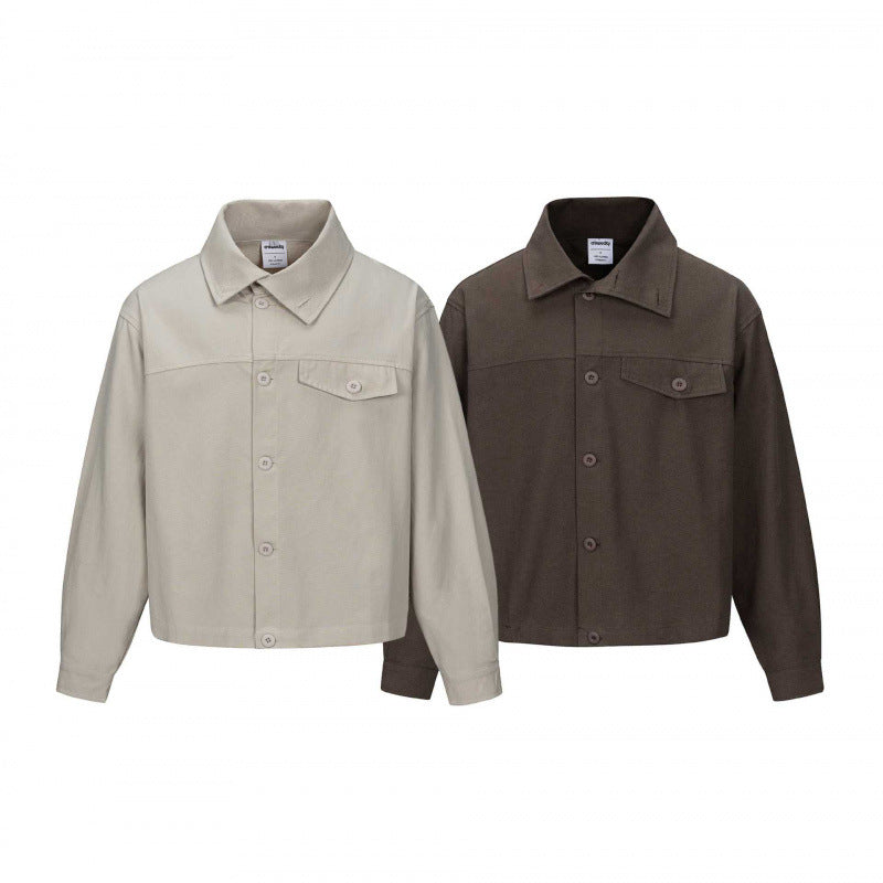 Unisex Short Cut Boxy Shirt Jacket with Chest Pocket and Clear Button Placket Shop Velvia