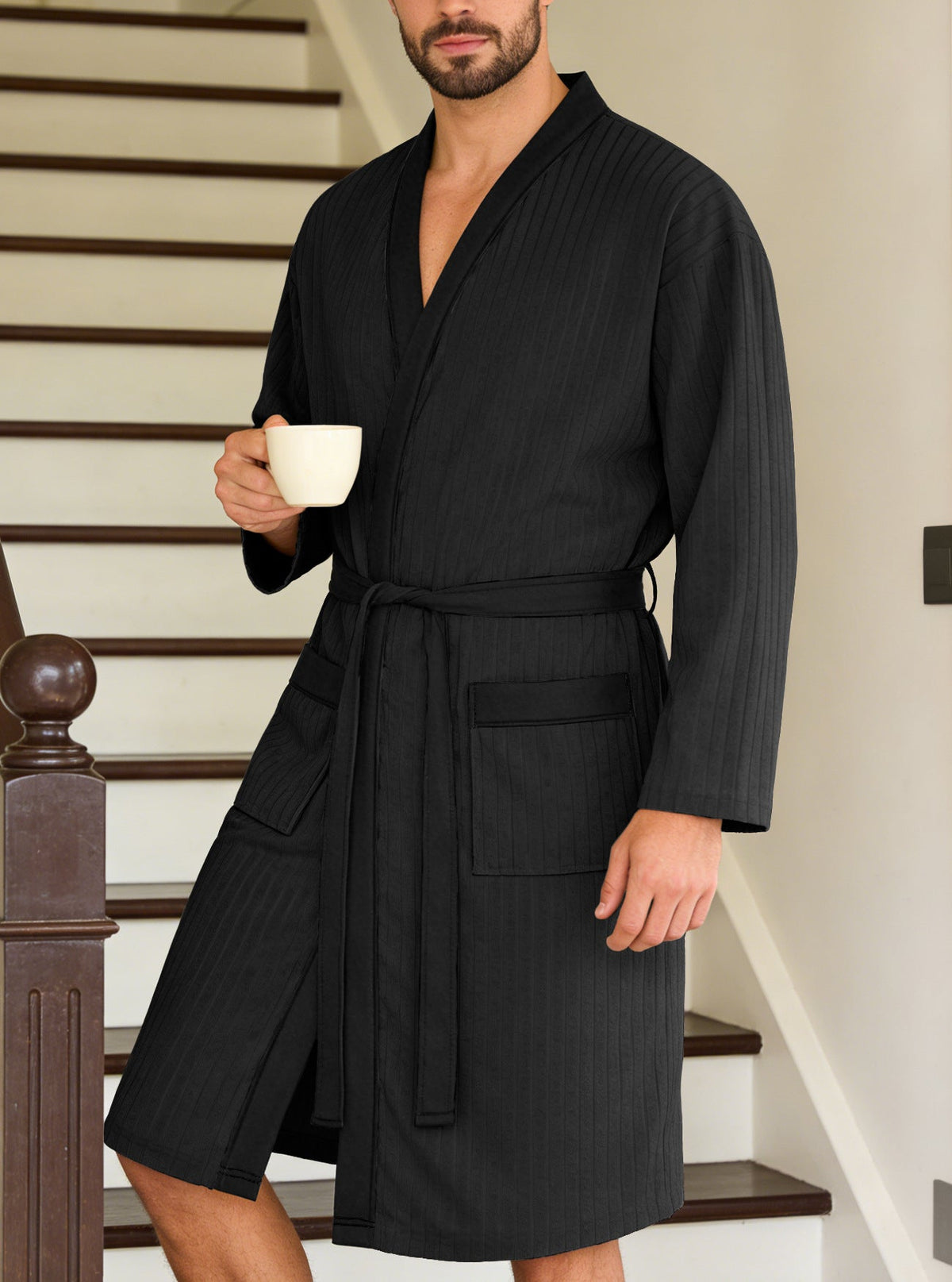 Men's lightweight cotton kimono bathrobe with waffle texture and patch pockets Shop Velvia