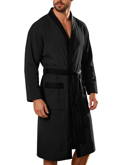 Men's lightweight cotton kimono bathrobe with waffle texture and patch pockets Shop Velvia