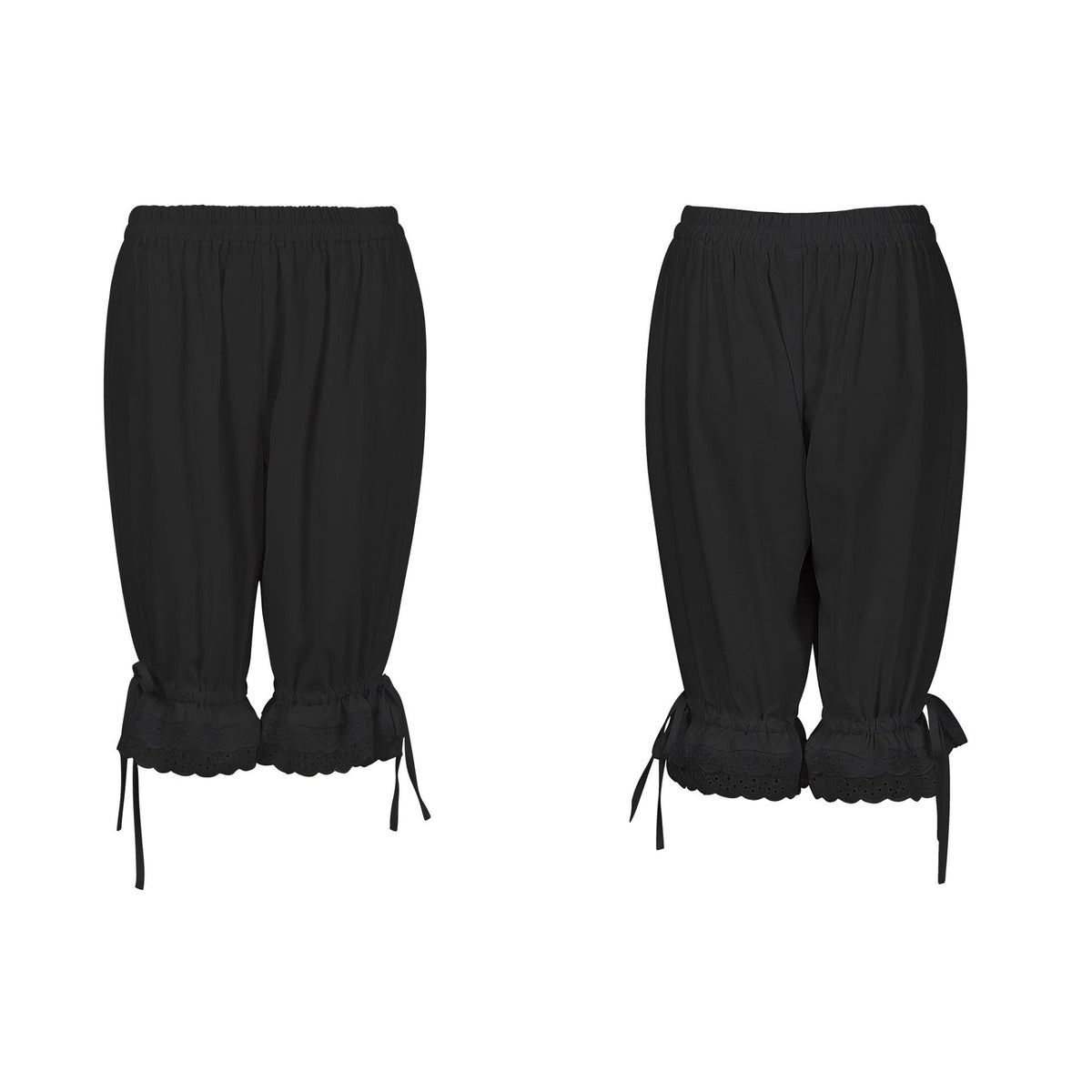 Ladies' gathered capri pants with elastic waistband, ties at the hem and lace trim Shop Velvia