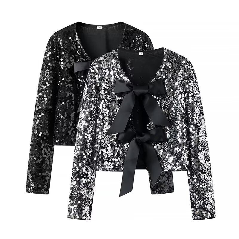 Ladies Short Cut Sequin Jacket with Double Tied Satin Bows Shop Velvia