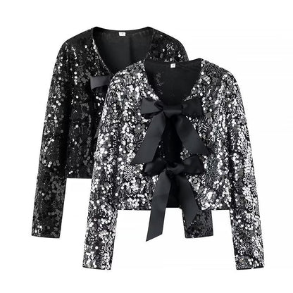 Ladies Short Cut Sequin Jacket with Double Tied Satin Bows Shop Velvia