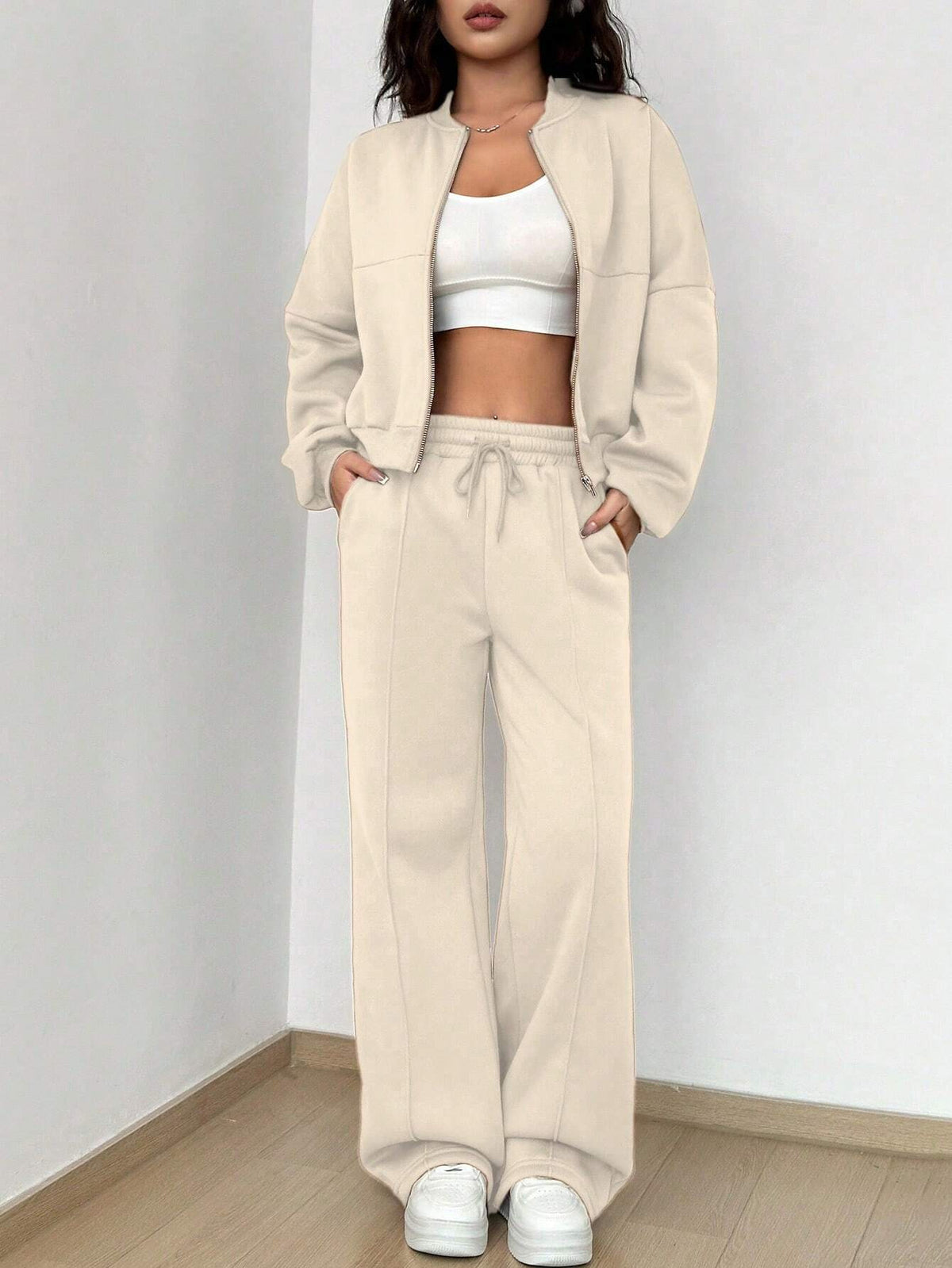 Women's short zip-up hoodie with high-waist wide jogger set Shop Velvia