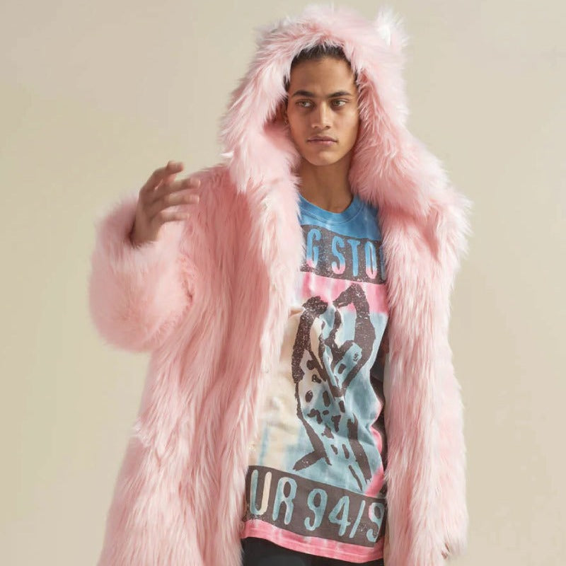 Women's Longer Hooded Faux Fur Coat with Animal Ears and Fluffy High Pile Shop Velvia