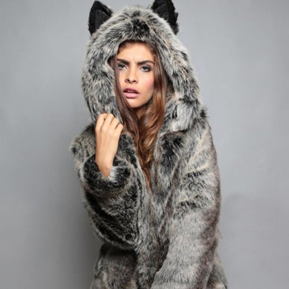 Women's Short Hooded Jacket made of vegan high-pile synthetic fur with cat ears and tailored silhouette Shop Velvia