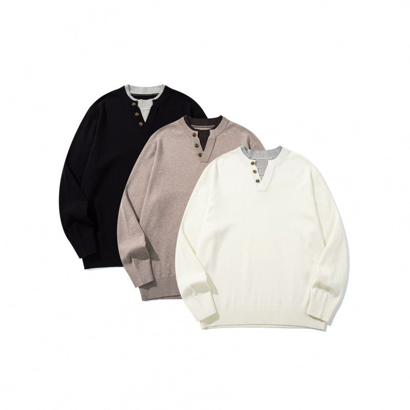 Unisex knit sweater with Henley button placket, contrast collar and boxy cut Shop Velvia