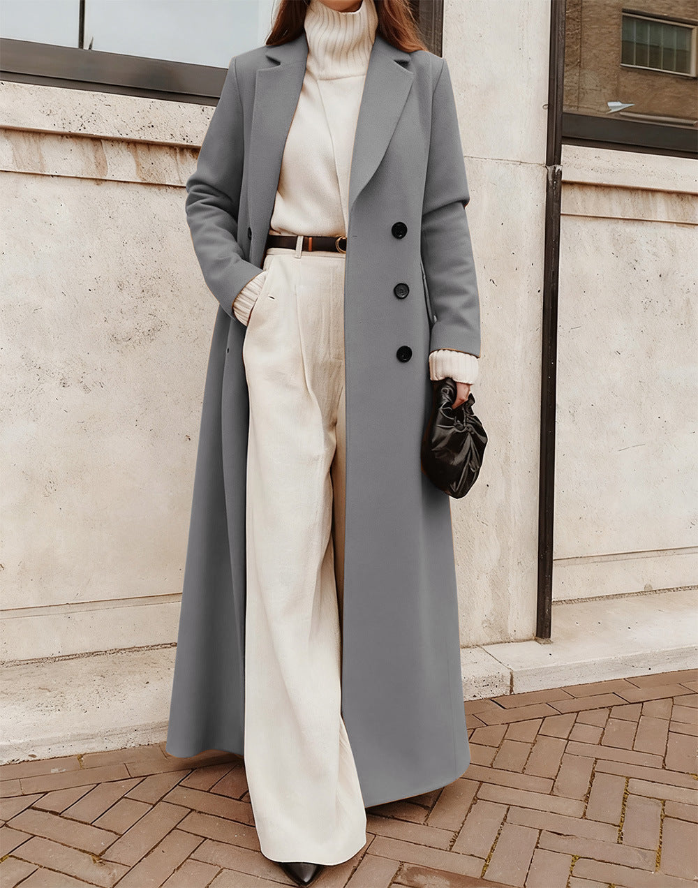 Women Elegant Wool Coat with Double Button Placket and Deep Pockets Shop Velvia