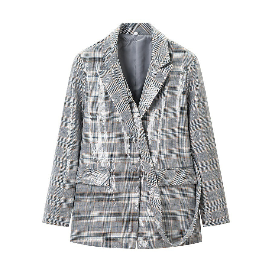 Ladies glencheck blazer with sequin trim and patch pockets Shop Velvia