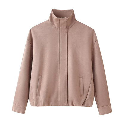 Women's Boxy Short Jacket with High Stand Collar, Concealed Front Placket and Jetted Pockets Shop Velvia