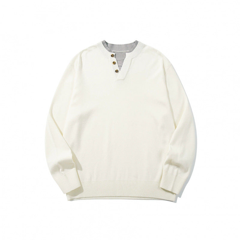 Unisex knit sweater with Henley button placket, contrast collar and boxy cut Shop Velvia
