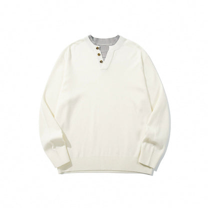 Unisex knit sweater with Henley button placket, contrast collar and boxy cut Shop Velvia