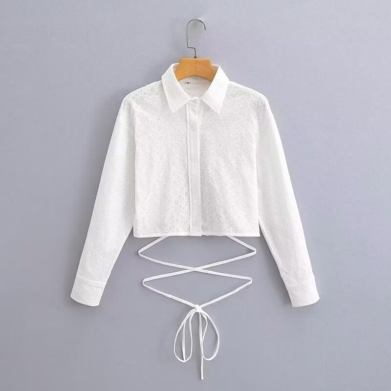 Women's Short-Cut Eyelet Embroidery Blouse with Shirt Collar and Long Ties Shop Velvia