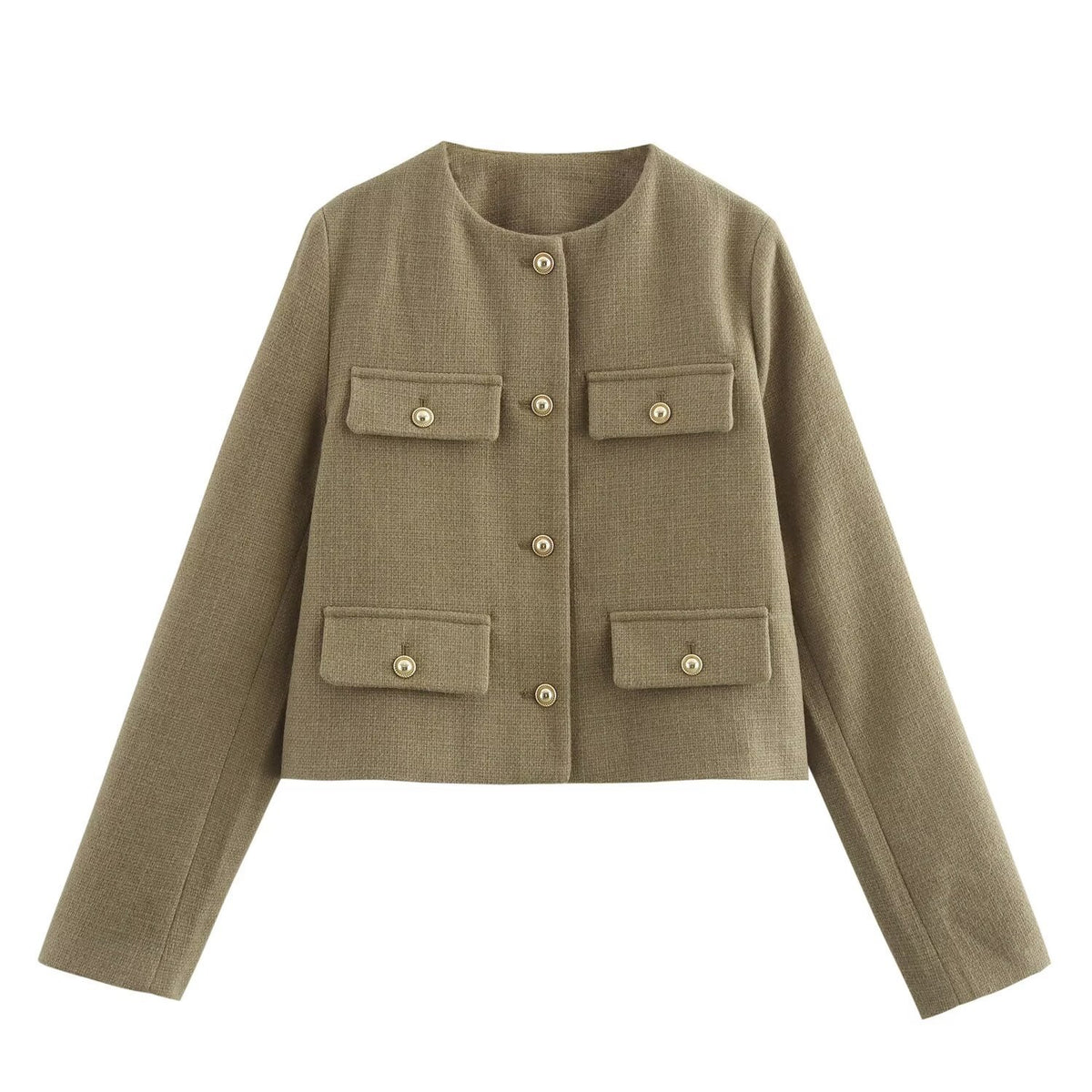 Women Short-Cut Boucle Blazer with Round Neckline, Four Flap Pockets and Gold Decorative Buttons Shop Velvia