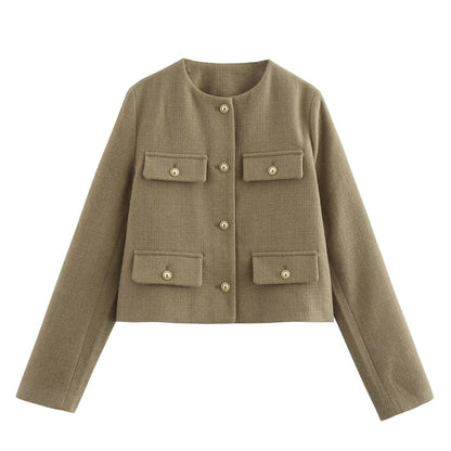 Women Short-Cut Boucle Blazer with Round Neckline, Four Flap Pockets and Gold Decorative Buttons Shop Velvia