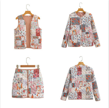 Women's quilted patchwork set consisting of jacket, vest, and mini skirt with floral print Shop Velvia
