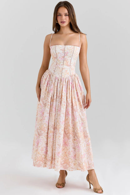 Women's fitted maxi dress with corset top and fine spaghetti straps