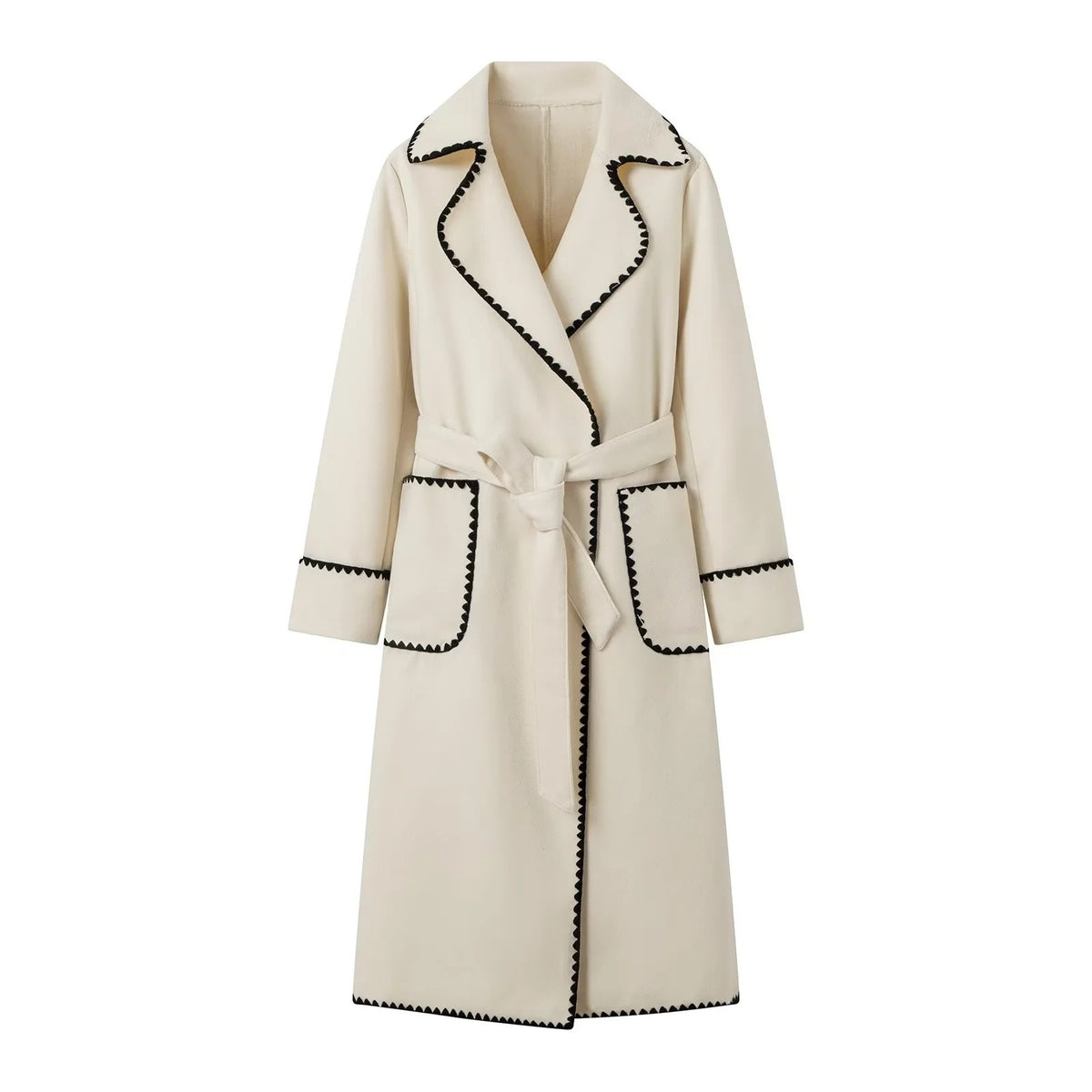 Women Tailored Wrap Coat made of Wool Blend with Decorative Wave Trim and Tied Belt Shop Velvia