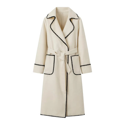 Women Tailored Wrap Coat made of Wool Blend with Decorative Wave Trim and Tied Belt Shop Velvia