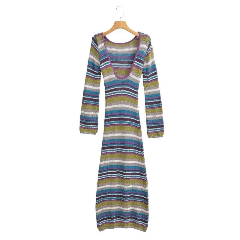 Women's Fitted Fine Knit Midi Dress with Striped Pattern and Round Neckline Shop Velvia