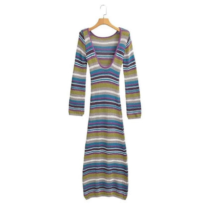 Women's Fitted Fine Knit Midi Dress with Striped Pattern and Round Neckline Shop Velvia