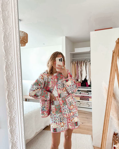 Women's quilted patchwork set consisting of jacket, vest, and mini skirt with floral print Shop Velvia