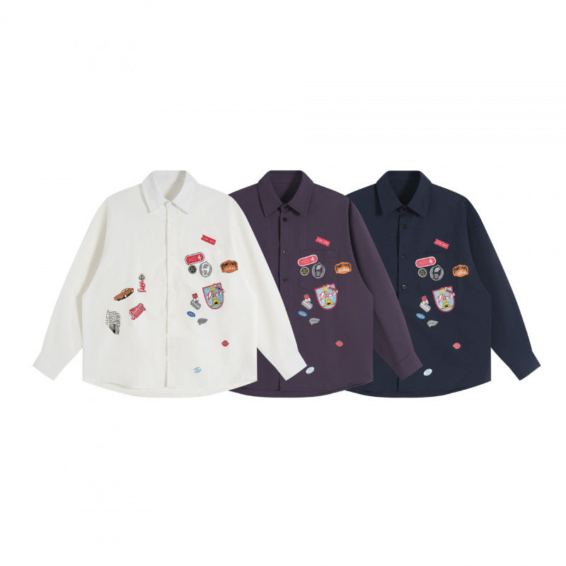 Unisex Oversize shirt with sewn-on retro patch applications and boxy silhouette Shop Velvia