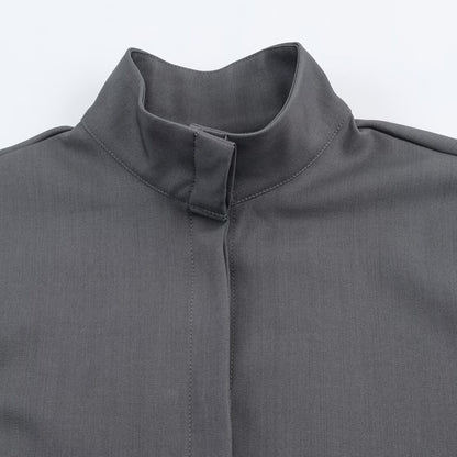 Women's loose-fitting tunic blouse with concealed button placket and stand-up collar Shop Velvia