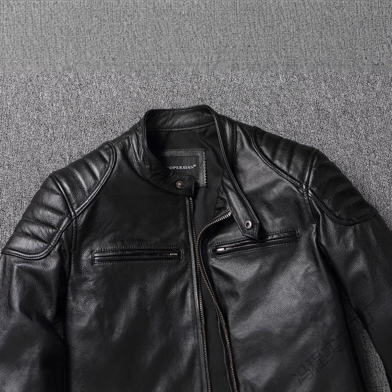 Men's leather jacket in vintage biker style with chest pockets and zipper Shop Velvia
