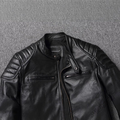 Men's leather jacket in vintage biker style with chest pockets and zipper Shop Velvia