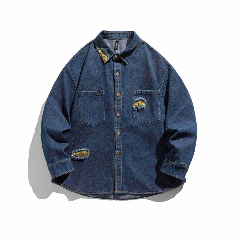 Unisex Boxy Denim Shirt Jacket with Decorative Destroy Applications and Oversized Silhouette Shop Velvia