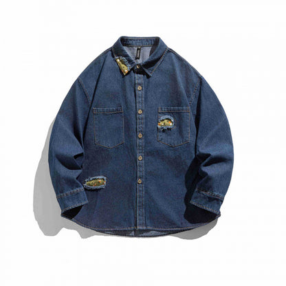 Unisex Boxy Denim Shirt Jacket with Decorative Destroy Applications and Oversized Silhouette Shop Velvia