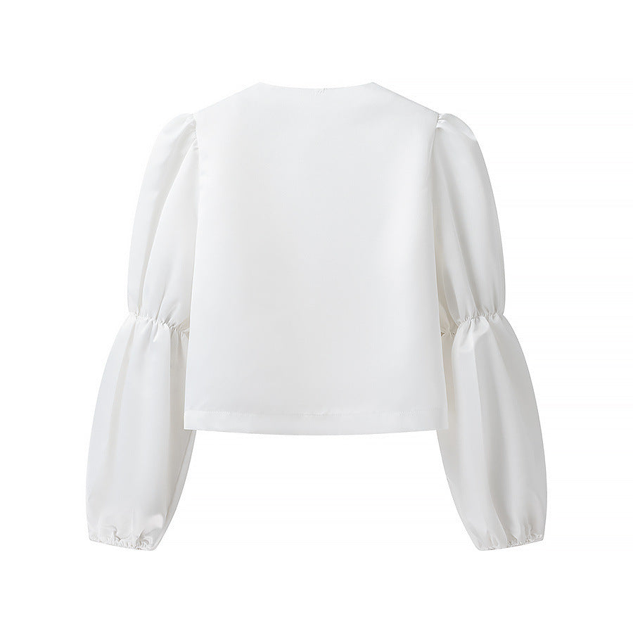Ladies Glossy Satin Blouse with Voluminous Puff Sleeves Shop Velvia