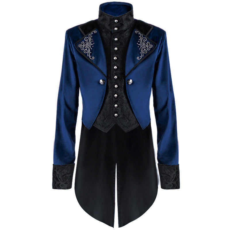 Men's fitted tailcoat with embroidered stand-up collar, velvet trim and double swallowtail Shop Velvia