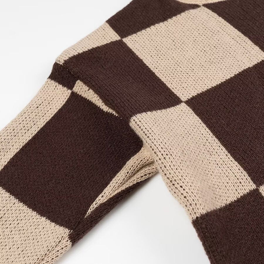 Women's Oversize Knitted Sweater with Distinctive Check Pattern and Ribbed Finishes Shop Velvia